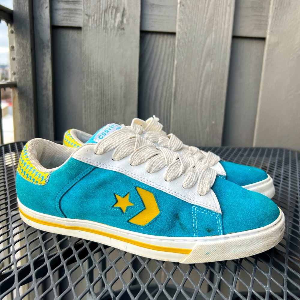 Converse All Star Shoes Womens Size 10 Blue Suede Leather Low Top Yellow Chevron